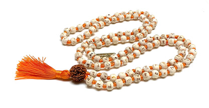 Spiritual Harmony Tulsi Mala Necklace with Rudraksha Guru Bead - Cancerian Birthstone - Heart & Sacral Chakra Balance - Orange String