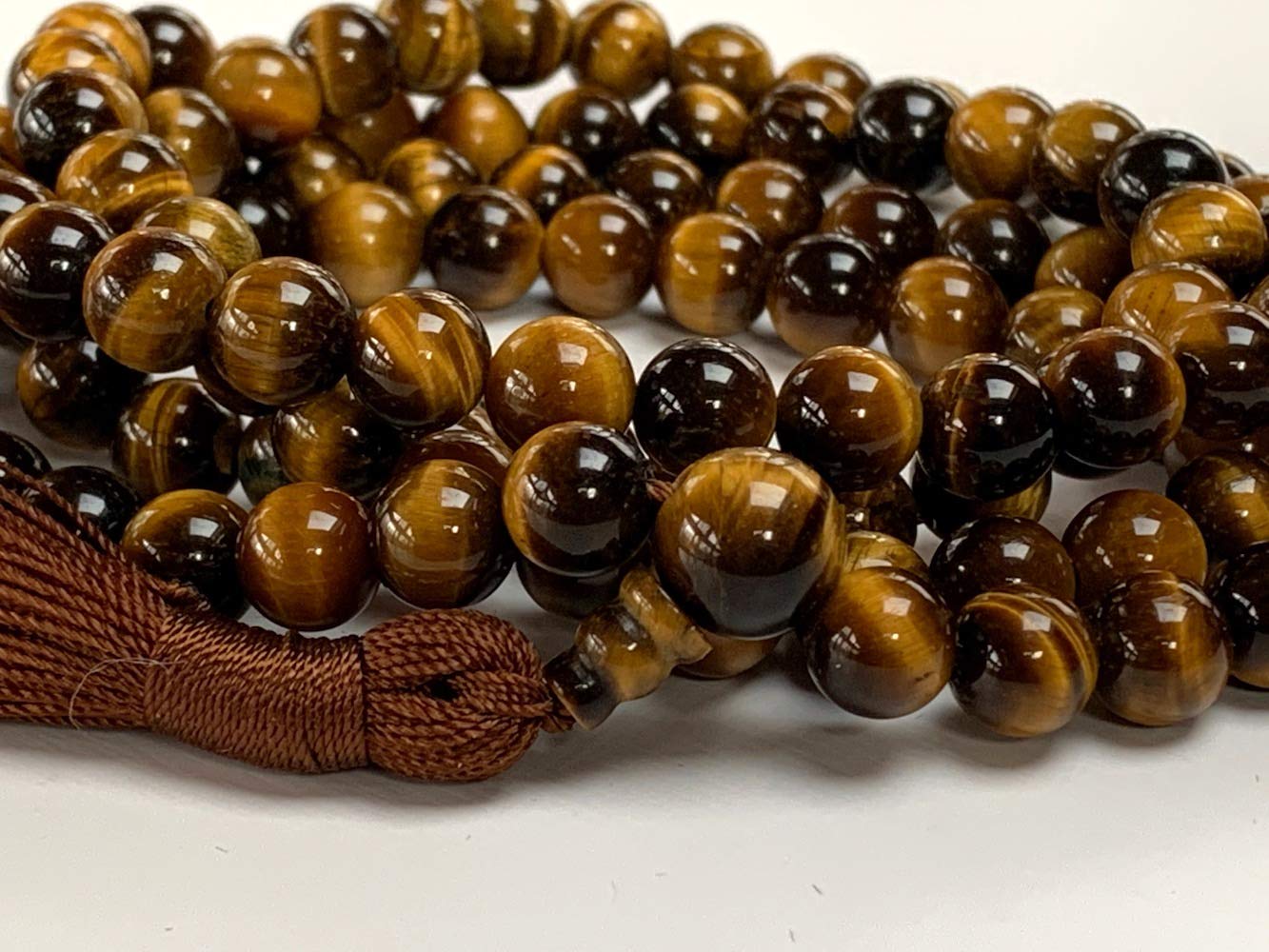 Tiger Eye Tiger's Eye Mala Beads Necklace 3rd Chakra Throat Chakra Healing Crystals 108 Prayer Beads - Grounding Integrity Will Power Intution Insomnia Libido Powerful (BROWN, Bead size 8 mm)
