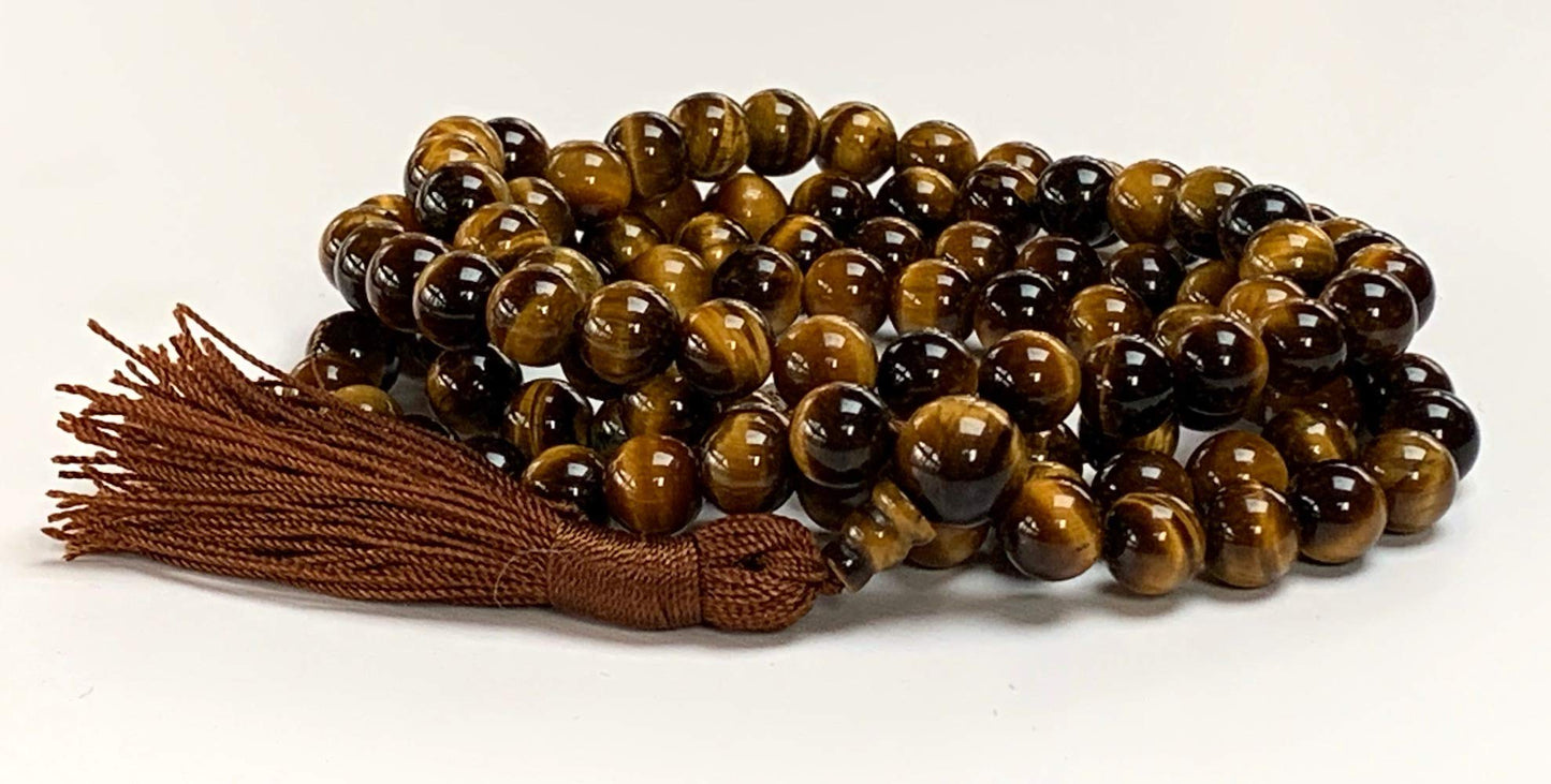 Tiger Eye Tiger's Eye Mala Beads Necklace 3rd Chakra Throat Chakra Healing Crystals 108 Prayer Beads - Grounding Integrity Will Power Intution Insomnia Libido Powerful (BROWN, Bead size 8 mm)