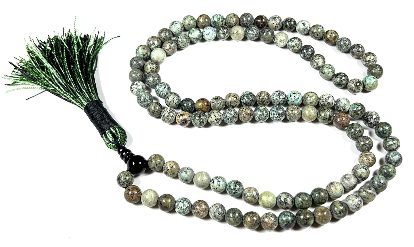Handmade Natural & Rare African Turquoise Mala Beads Necklace | 8mm 108 Beads | Transformation & Growth Mala | Sagittarius Birthstone & Third Eye Chakra