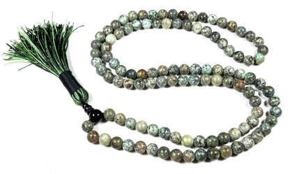 Handmade Natural & Rare African Turquoise Mala Beads Necklace | 8mm 108 Beads | Transformation & Growth Mala | Sagittarius Birthstone & Third Eye Chakra