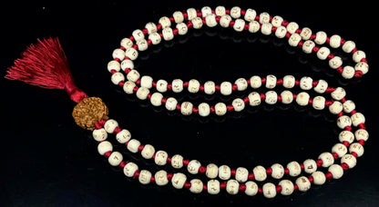 Tulsi Mala Beads Necklace w/ 5 Mukhi Rudraksha – 8mm Beads with "Ram" Inscription – Root Chakra & Aries Birthstone – Meditation Jewelry