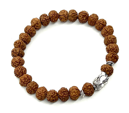 Cultivate Inner Peace: Handmade 5 Mukhi Rudraksha & Buddha Head Bracelet (8mm) - Root Chakra Balance & Universal Birthstone