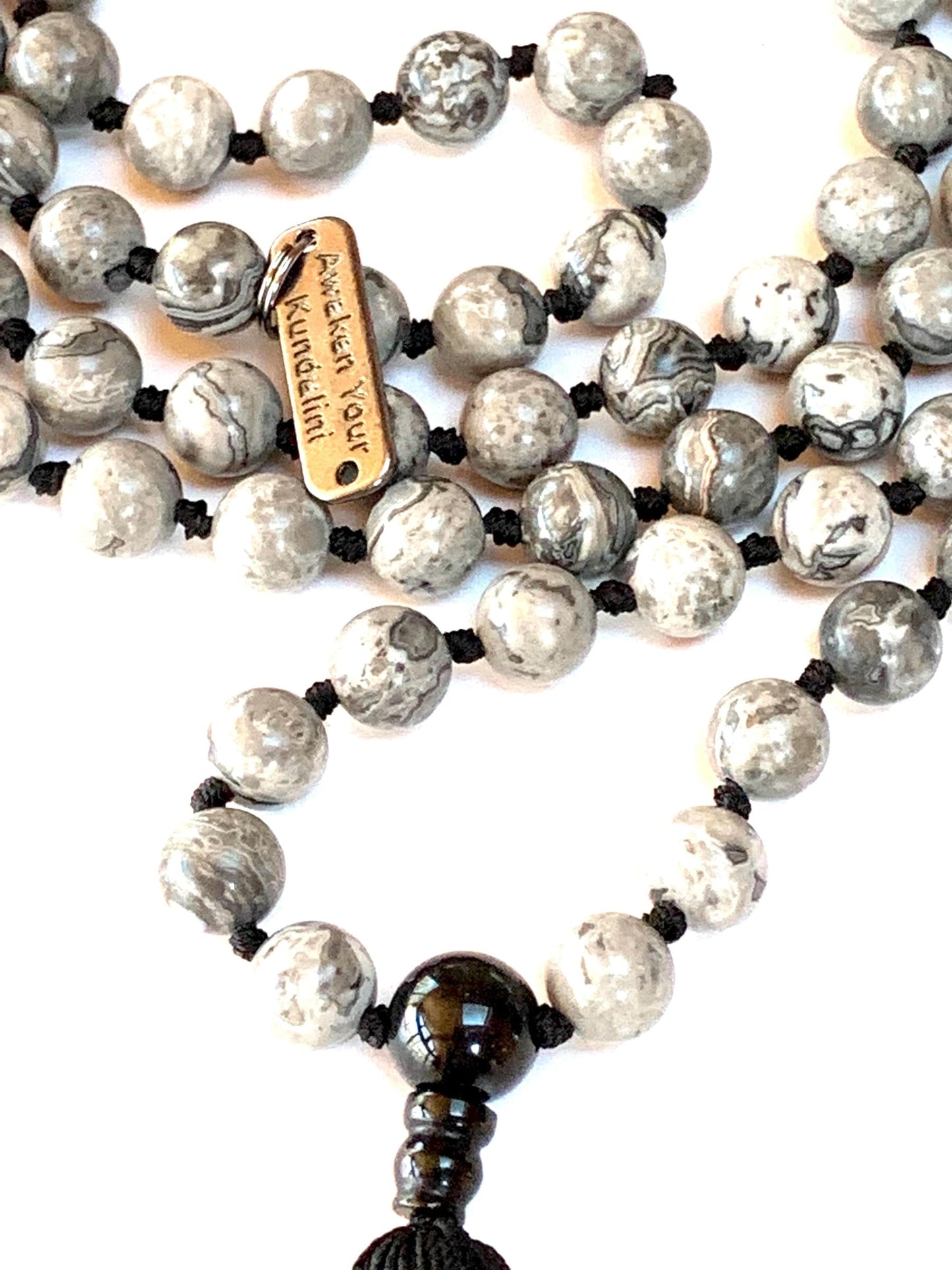 Hand Knotted Scenic Jasper Mala Beads Necklace with Black Onyx Guru Bead – 108 Beads – 6mm & 8mm – Root Chakra & Aries Birthstone – Spiritual Meditation Jewelry