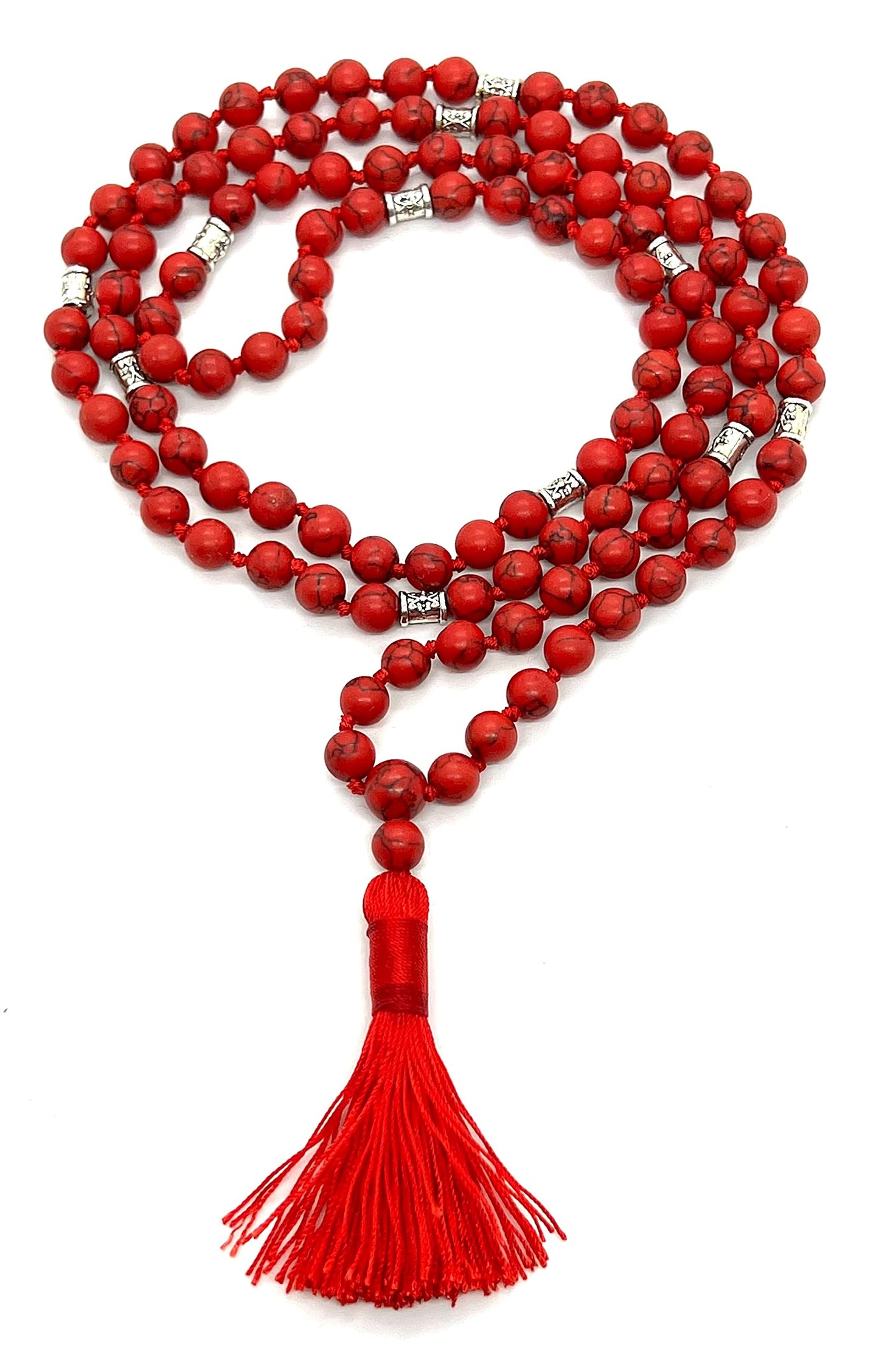 Certified Energized Mala Beads Necklace with COA - Chakra Mala - Japa Mala - 8mm 108 Buddhist Prayer Beads - Meditation Mala - Tassel Necklace – Zodiac/Sun Sign stones (Red Howlite)
