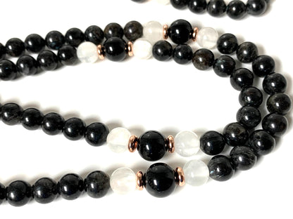Stretchable Black Tourmaline & Selenite Mala Beads Necklace | 8mm 108 Beads | Root & Crown Chakras | Birthstone Energy | Ethically Sourced