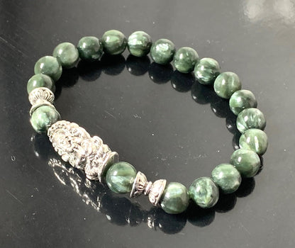 Seraphinite Stretch Bracelet with Choice of Alloy Silver Finish Mother Mary & Holy Cross or Lord Ganesha - Universal Birthstone - Heart & Crown Chakra