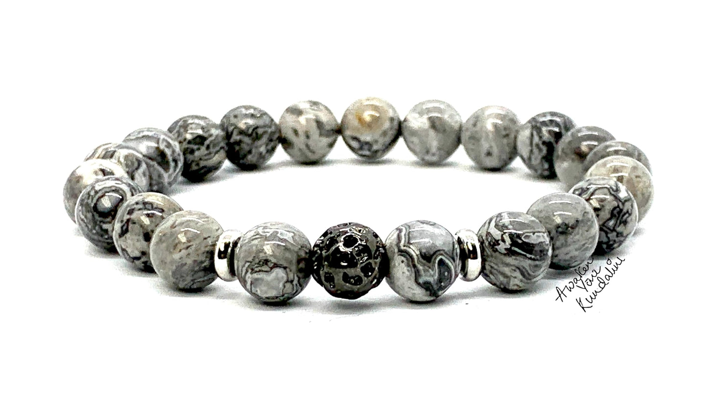 Scenic Jasper & Lava Rock Stretch Bracelet – Adjustable Size 5.5-9.5 Inches – Birthstone for Virgo & Libra - Root & Sacral Chakra