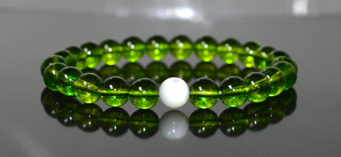 Handcrafted Peridot and Mother of Pearl Stretch Bracelet - August Birthstone for Leo and Virgo - Heart Chakra Alignment