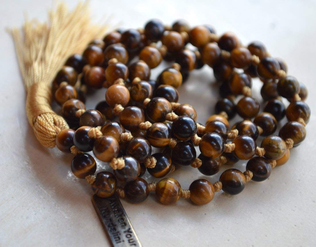 Hand Knotted Tiger's eye Tigereye Tiger eye mala beads necklace 108+1 Buddhist prayer beads Energized AAA Grade meditation beads - w/Velvet or 100% Jute pouch (GOLDEN BEIGE, Bead size 6 mm)