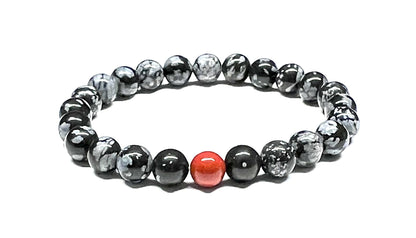 Snowflake Obsidian & Red Jasper Stretch Bracelet - Aries Scorpio Sagittarius Birthstone for March October November December - Root Chakra