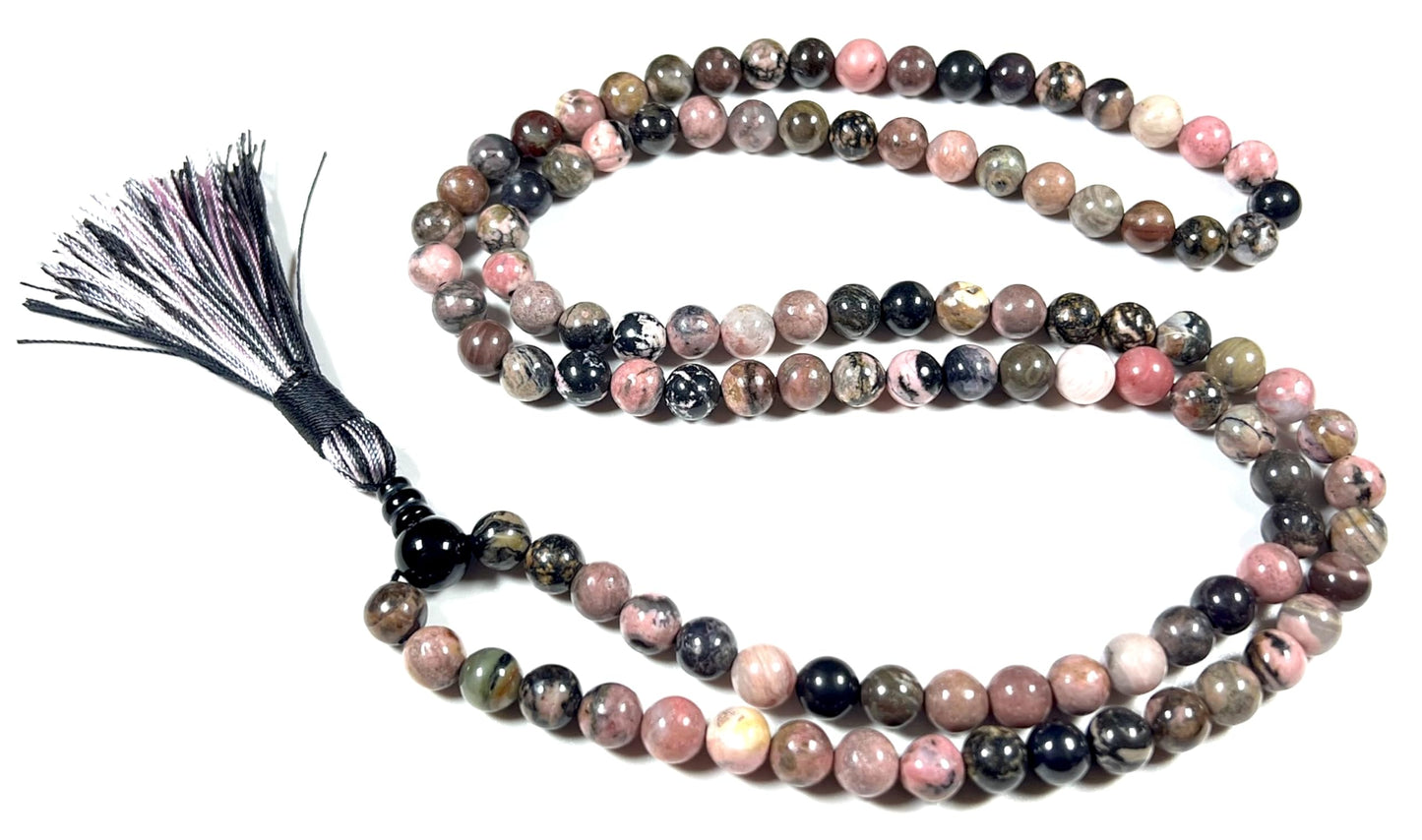Rhodonite Mala Beads Necklace – 8mm, 108 Beads – Heart Chakra, Taurus & Libra Birthstone