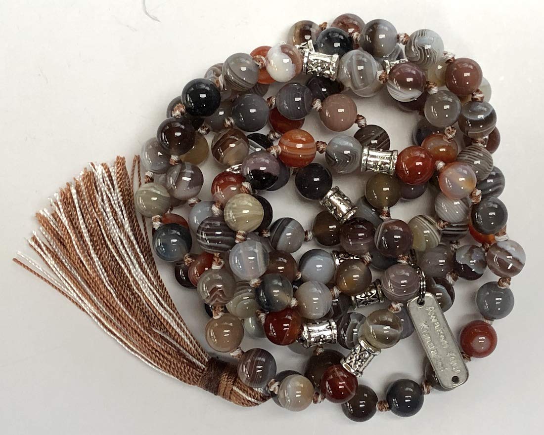 Certified Energized Mala Beads Necklace with COA - Chakra Mala - Japa Mala - 8mm 108 Buddhist Prayer Beads - Meditation Mala - Tassel Necklace – Zodiac/Sun Sign stones (Botswana Agate)