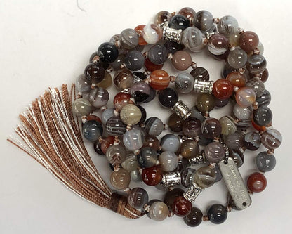 Certified Energized Mala Beads Necklace with COA - Chakra Mala - Japa Mala - 8mm 108 Buddhist Prayer Beads - Meditation Mala - Tassel Necklace – Zodiac/Sun Sign stones (Botswana Agate)
