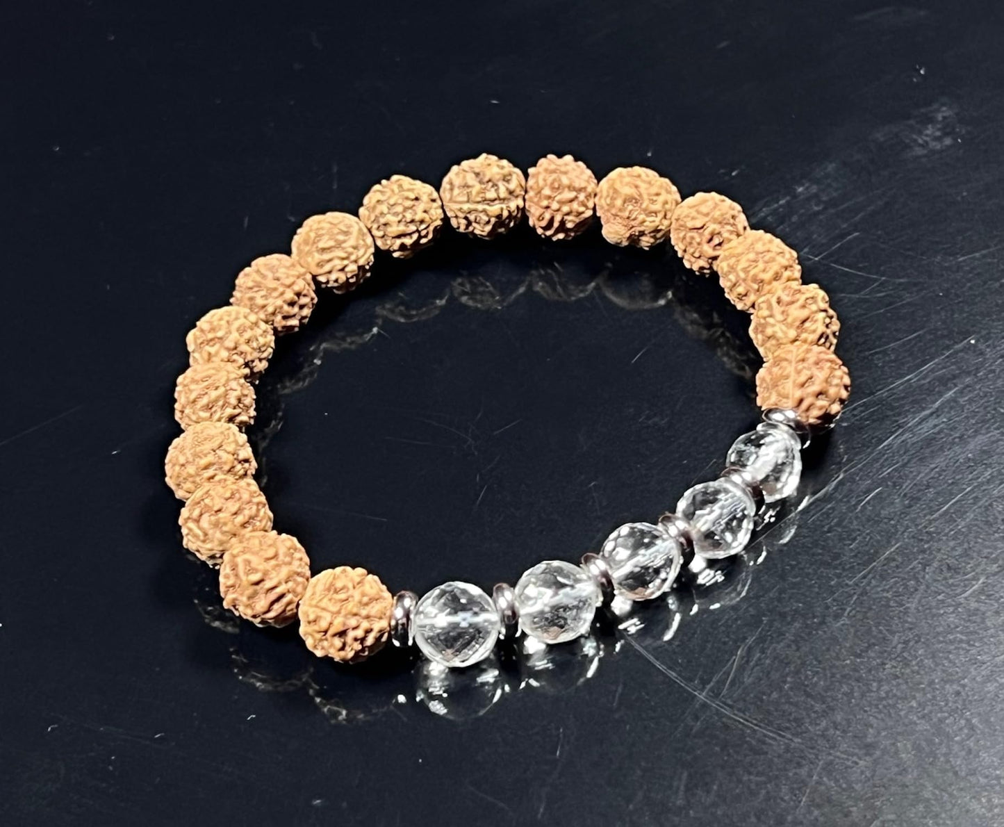 5 Mukhi (five faces) Chikna Rudraksha and Crystal Quartz Stretch Bracelet | Birthstone for April, Taurus Sun Sign | Crown Chakra (Wrist Size 6 Inches)