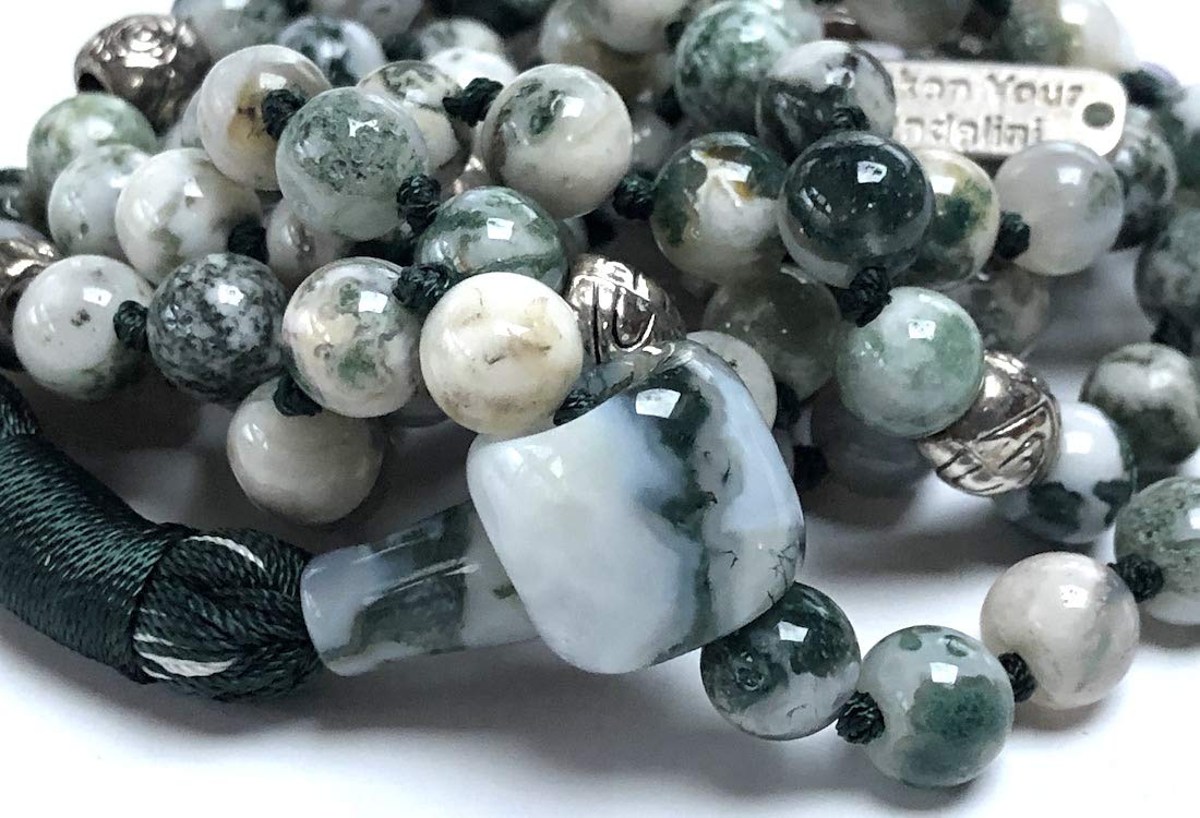 Certified Energized Mala Beads Necklace with COA - Chakra Mala - Japa Mala - 8mm 108 Buddhist Prayer Beads - Meditation Mala - Tassel Necklace – Zodiac/Sun Sign stones (Green Tree Agate)