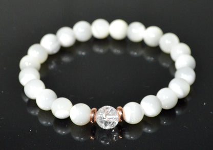 Mother of Pearl & Himalayan Ice Crystal Quartz Bracelet - Gemini & Cancer Birthstone - Heart & Crown Chakra Jewelry