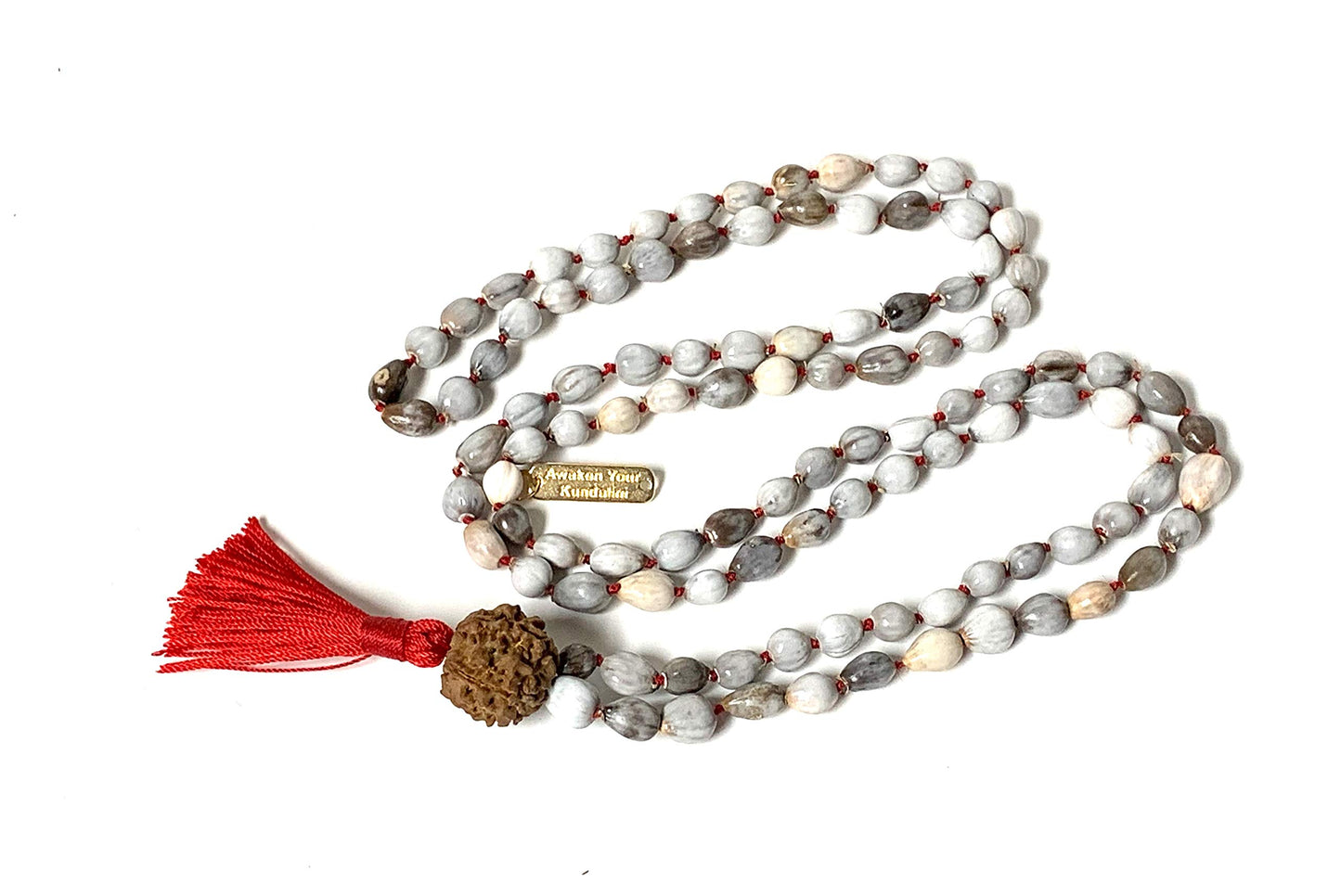 Vijayanti Vaijayanti mala beads necklace - Victory Mala 108 prayer beads for Laxmi Lakshmi Vishnu Krishna pooja puja - 5 mukhi (5 face) Rudraksha Rudraksh Guru bead - Awaken - w/Velvet Rosary pouch