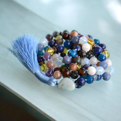 Hand Knotted Libra Mala Beads Necklace - Birthstone Jewelry for September and October - Heart and Throat Chakra Alignment - Heart and Throat Chakra Alignment