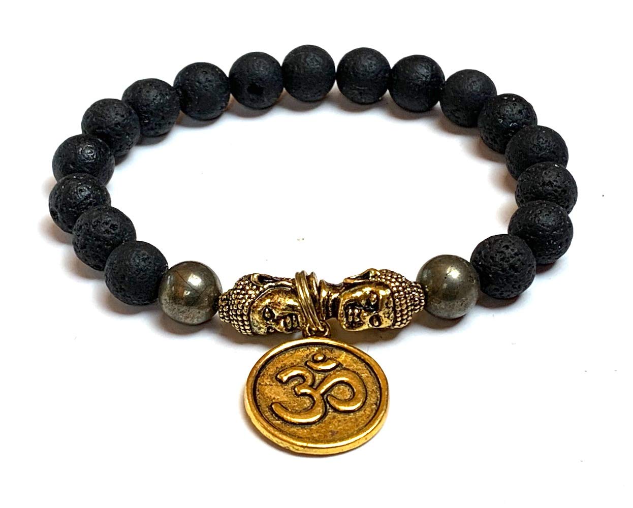 VULCAN Pyrite Lava Stretch Bracelet with Buddha & Om Charm | Grounding & Abundance