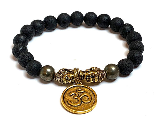 VULCAN Pyrite Lava Stretch Bracelet with Buddha & Om Charm | Grounding & Abundance