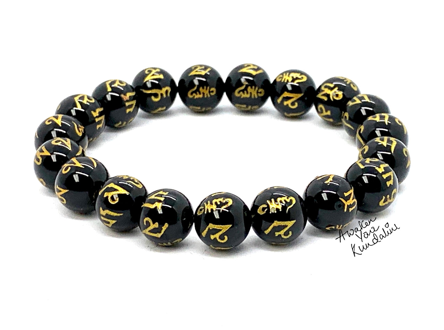 Black Obsidian Buddhist Prayer Beads Stretch Bracelet - Om Mani Padme Hum Mantra Etched Beads - Scorpio Birthstones for October-November - Root Chakra