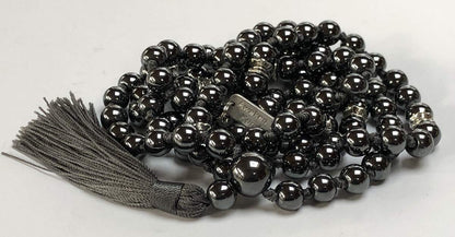 FEROX Hematite Mala Necklace | 108 Hand-Knotted 8mm Beads for Grounding, Focus & Protection | Root Chakra Healing | Aries Birthstone | Handmade in USA
