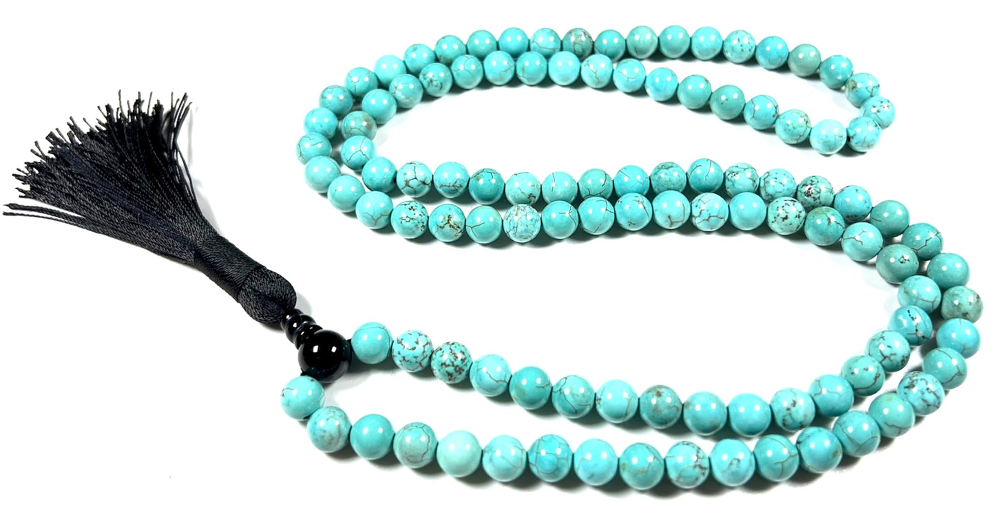 Handmade Natural Blue Turquoise Mala Beads Necklace | 8mm | 108 Beads | Wisdom & Tranquility Mala | Sagittarius Birthstone & Throat Chakra