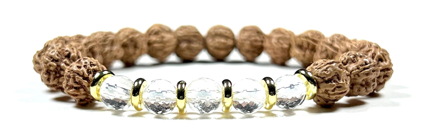 5 Mukhi Chikna Rudraksha Bracelet with Crystal Quartz | Stretch Beads for Balance & Clarity
