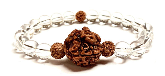 5 Mukhi Rudraksha Rudraksh and Crystal Quartz Stretch Bracelet, Spiritual Healing Jewelry