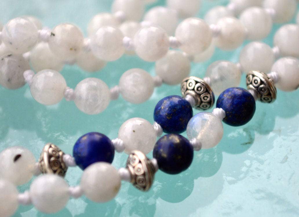 Awaken Your Kundalini 6 mm, 8 mm, AAA Grade Moonstone Mala Beads Necklace, (Knotted Moonstone & Lapis Lazuli, Moonstone bead ; 6 mm)