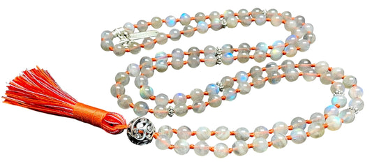Hand Knotted Labradorite Mala Necklace | 108 Beads | Scorpio Birthstone Necklace | Throat Fifth Chakra | Tassel Necklace | Communication | Self Expression | Creativity in Writing | Public Speaking