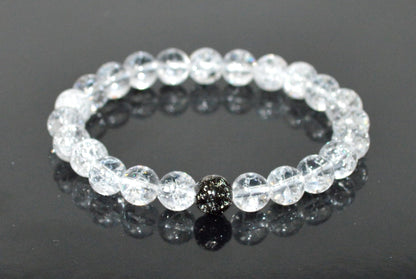 Himalayan Ice Crystal Quartz and Lava Beads Stretch Bracelet – Multi Tone Finish – Aries Birthstone – Universal Sun Sign - Crown Chakra Energy Bracelet