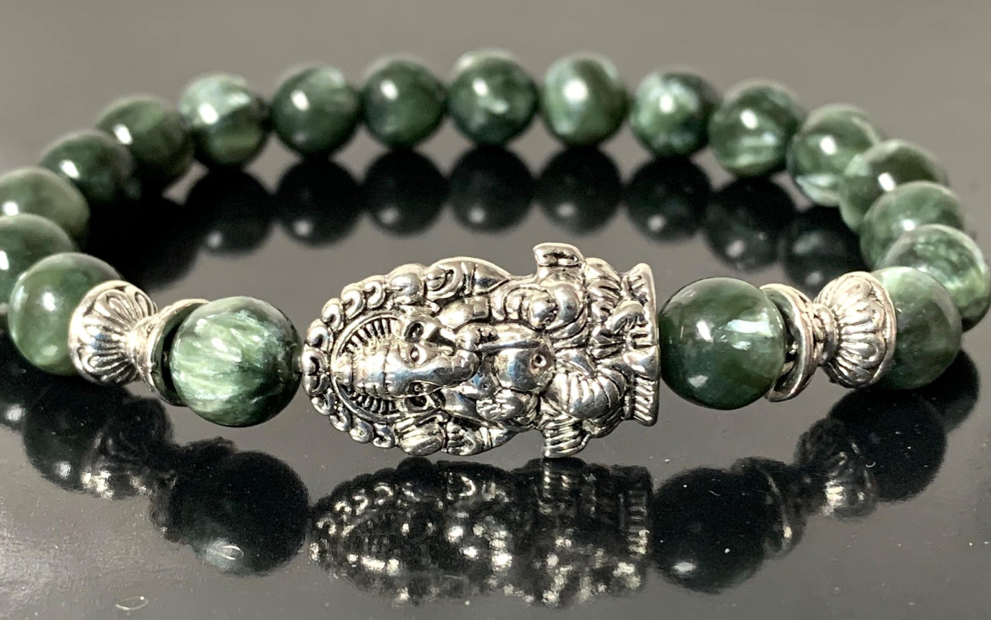 Seraphinite Stretch Bracelet with Choice of Alloy Silver Finish Mother Mary & Holy Cross or Lord Ganesha - Universal Birthstone - Heart & Crown Chakra