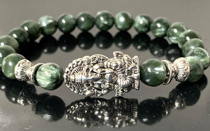 Seraphinite Stretch Bracelet with Choice of Alloy Silver Finish Mother Mary & Holy Cross or Lord Ganesha - Universal Birthstone - Heart & Crown Chakra