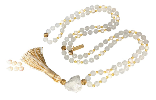 Hand-Knotted Selenite Pearl Mala Necklace with Hematite Guru Bead, 8mm, 108 Beads – Cancer Birthstone for June July - Third Eye Chakra Necklace
