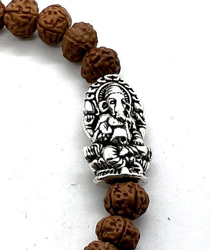 Rudraksha Beads Stretchable Bracelet - 8mm Real Chikna Rudraksh Beads - w/God Ganesha Ganesh Ganpati - Wrist Size 7.5 Inches