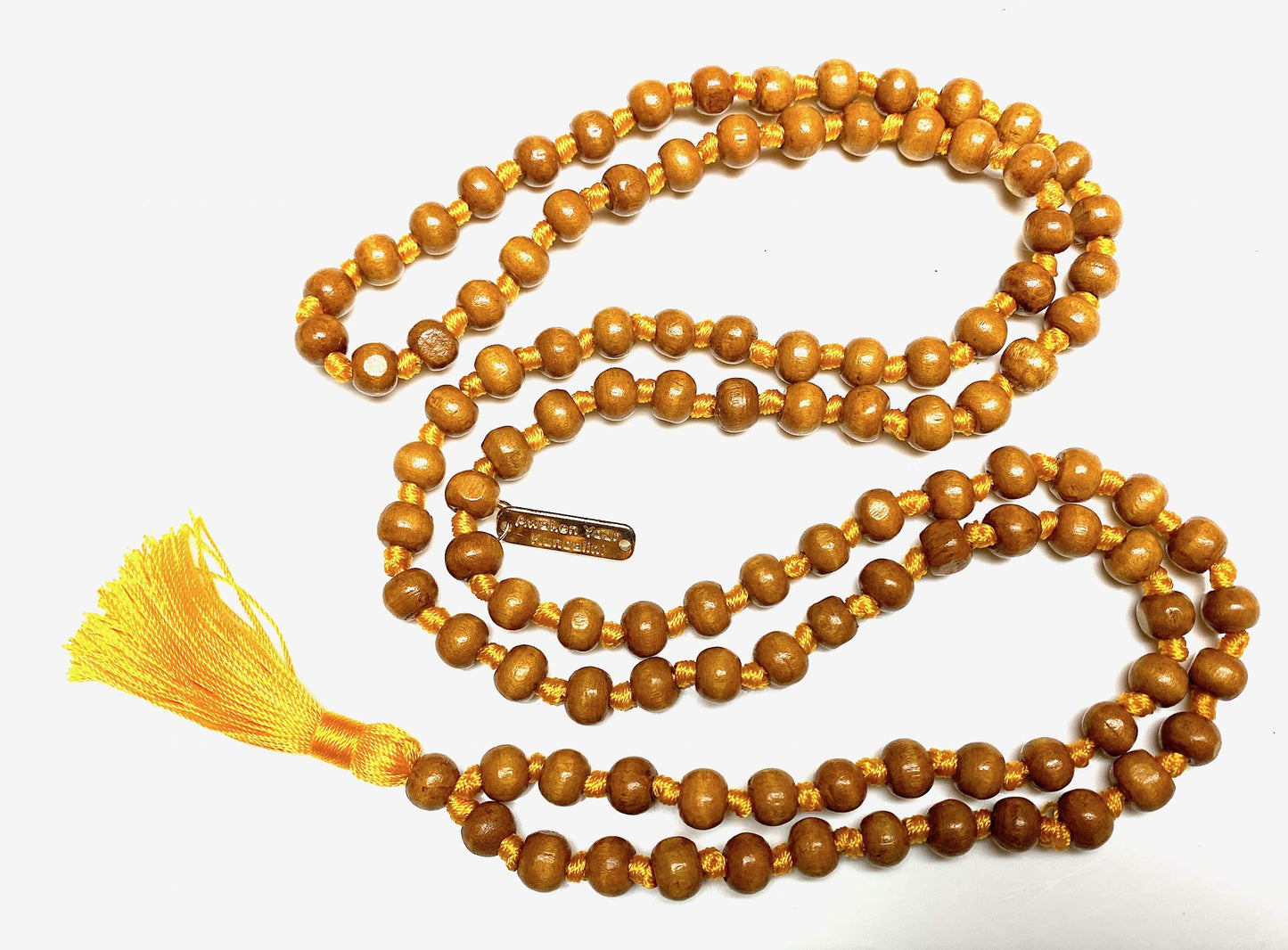 Awaken Your Kundalini Tulsi mala beads necklace hand knotted mala holy basil beads 8 mm 108 Buddhist prayer beads 7 Chakra mala colors - w/Velvet mala pouch (THIRD SOLAR CHAKRA)