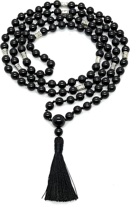 Certified Energized Mala Beads Necklace with COA - Chakra Mala - Japa Mala - 8mm 108 Buddhist Prayer Beads - Meditation Mala - Tassel Necklace – Zodiac/Sun Sign stones (Black Onyx)