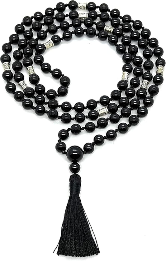 Certified Energized Mala Beads Necklace with COA - Chakra Mala - Japa Mala - 8mm 108 Buddhist Prayer Beads - Meditation Mala - Tassel Necklace – Zodiac/Sun Sign stones (Black Onyx)