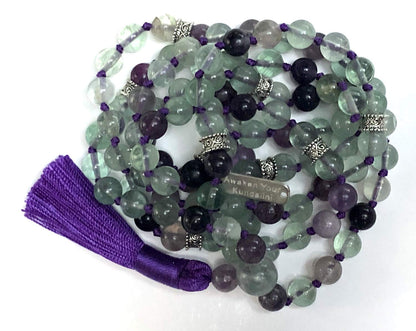 Hand-Knotted 8mm Rainbow Fluorite Mala Beads Necklace, Pisces Birthstone For February-March Heart and Third Eye Chakra