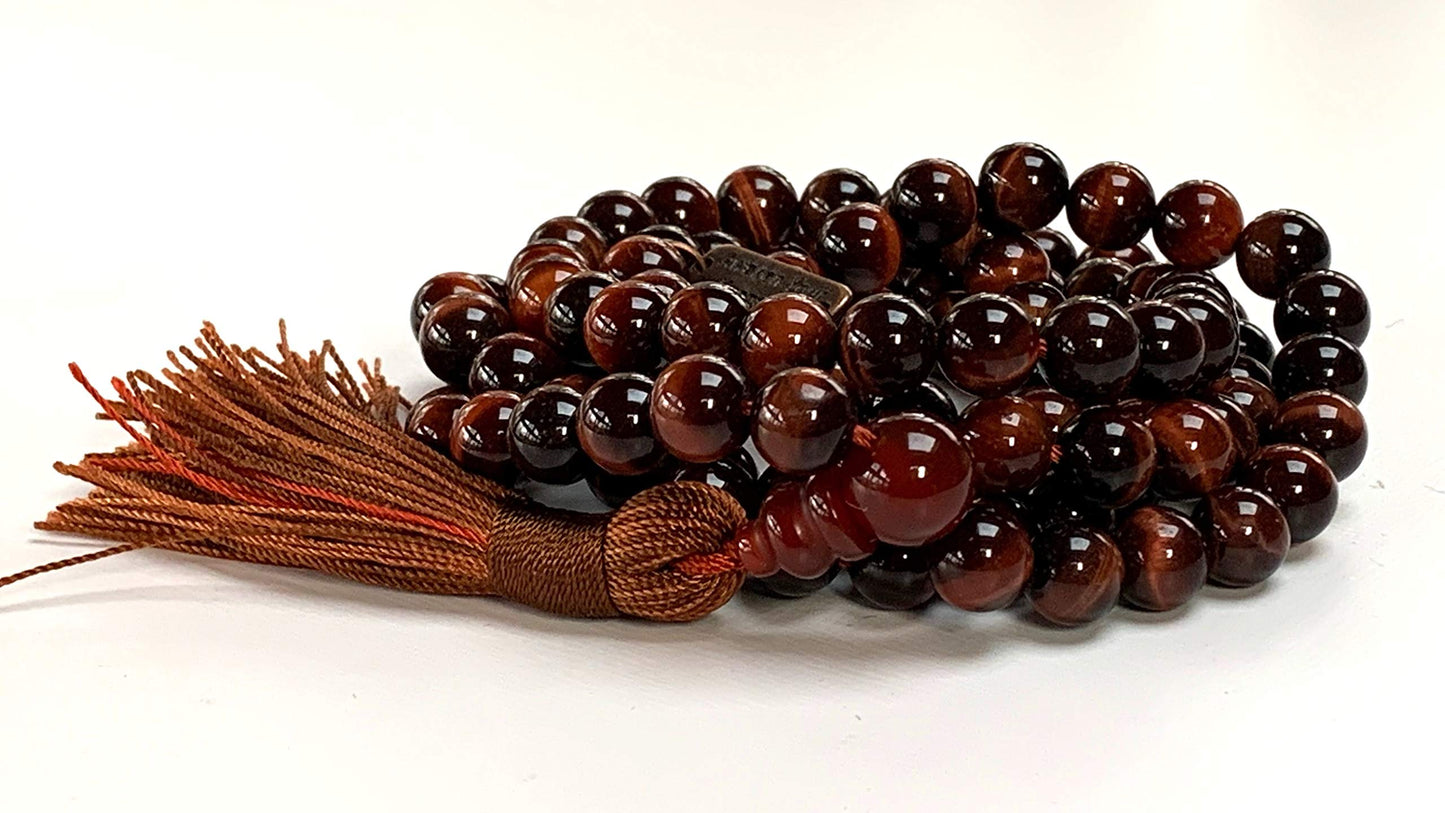 Tiger Eye Tiger's Eye Mala Beads Necklace 3rd Chakra Throat Chakra Healing Crystals 108 Prayer Beads - Grounding Integrity Will Power Intution Insomnia Libido Powerful (RED, Bead size 8 mm)