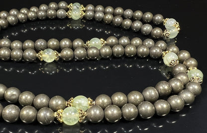Pyrite and Prehnite Mala Necklace – 8mm 108 Beads – August and February Birthstone – Leo and Pisces Zodiac Mala – Solar Plexus and Heart Chakra Necklace
