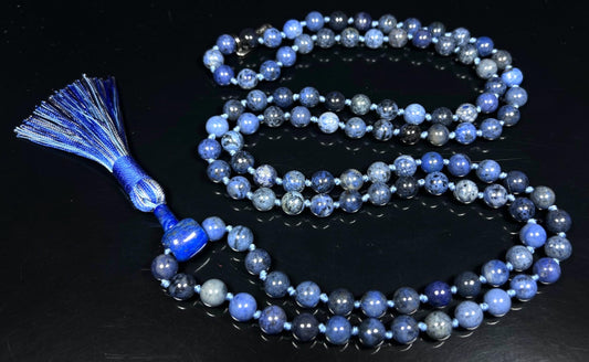Hand Knotted Dumortierite Mala Necklace – 8mm | 108 Beads | Third Eye & Throat Chakras | September Birthstone Energy | Stone of Mental Clarity & Patience | Ethically Sourced