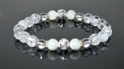 Handmade AAA Crackled and Faceted Crystal Quartz with Mother of Pearl Stretch Bracelet, Gemini Birthstone, May-June Sun Sign, Crown Chakra