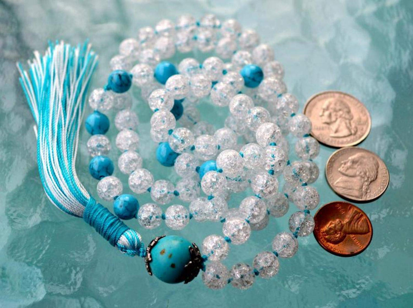 Crackled Quartz & Turquoise Hand-Knotted Mala Necklace  | PRABHA Collection