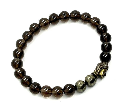Cultivate Grounding & Transformation: Capricorn Birthstone - Smoky Quartz & Pyrite Root & Solar Plexus Chakra Mala Bracelet (8mm Beads) - Unisex - Buddha Head Spacer