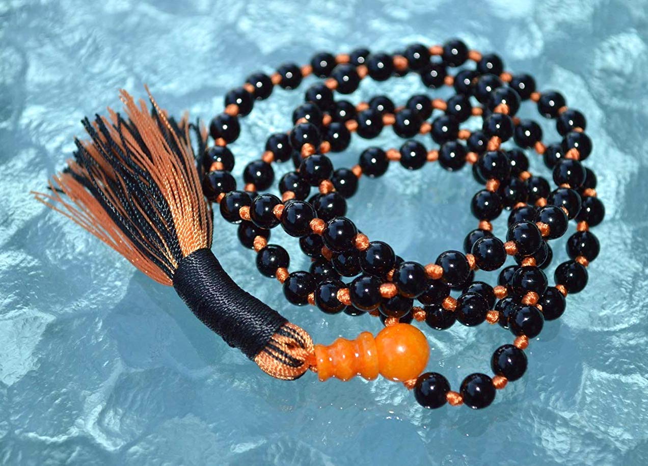VESTA Black Tourmaline Mala Necklace with Orange Thread | Grounding, Protection & Vitality | 108 Hand-Knotted Beads | Root Chakra | Capricorn Birthstone | Handmade in USA