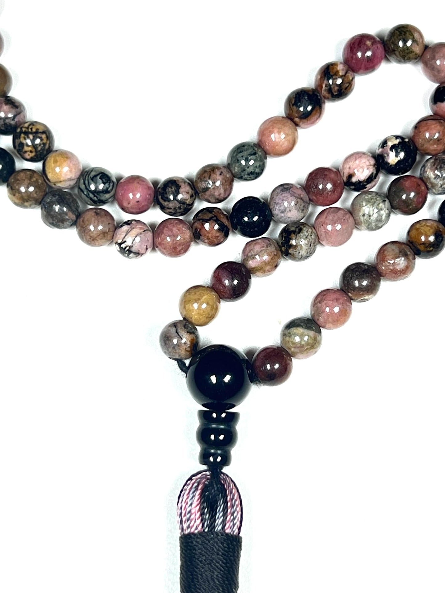 Rhodonite Mala Beads Necklace with Black Onyx Guru Bead – 108 Beads – 6mm & 8mm – Heart Chakra & Gemini Birthstone – Meditation Jewelry
