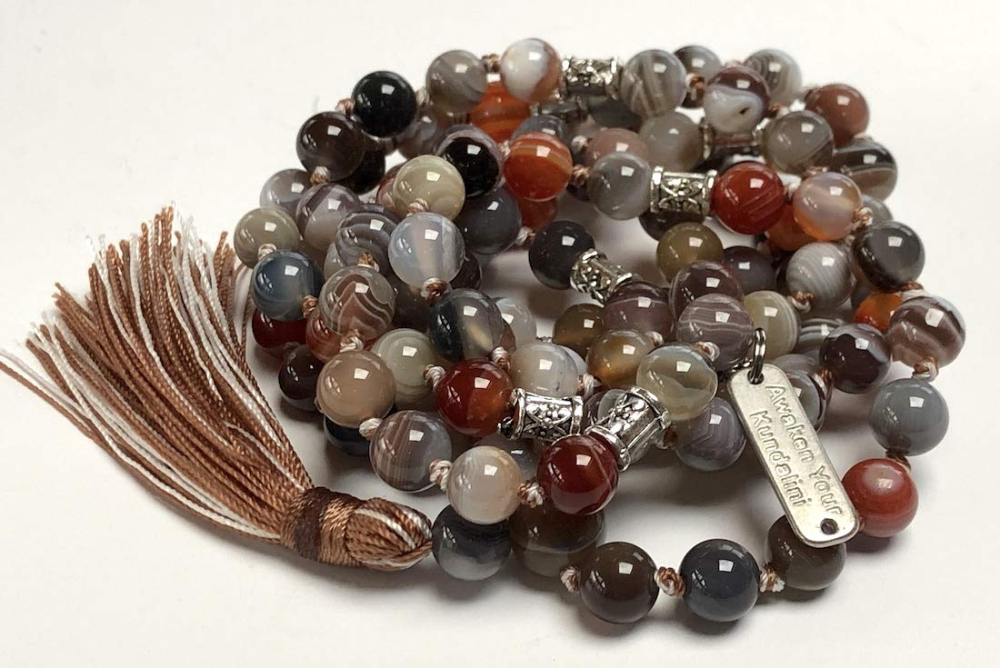 Certified Energized Mala Beads Necklace with COA - Chakra Mala - Japa Mala - 8mm 108 Buddhist Prayer Beads - Meditation Mala - Tassel Necklace – Zodiac/Sun Sign stones (Botswana Agate)